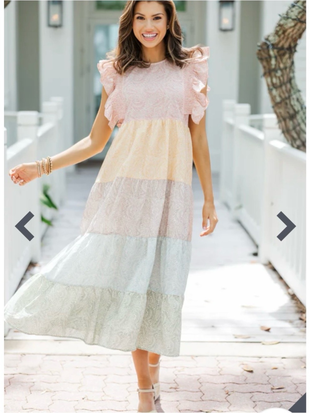 entro Pastel Tiered Midi Dress in Pink, Yellow, Blue, Green